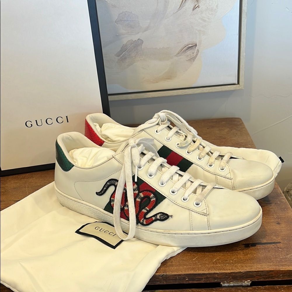 Gucci White Sneakers with Red and Green Snake Design